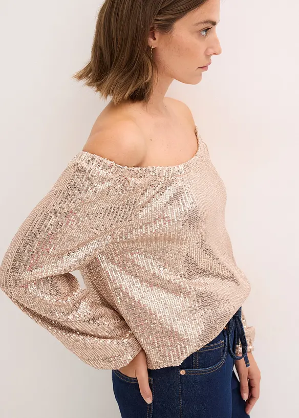 T-shirt oversize à sequins encolure Bardot, bonprix
