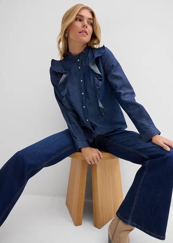 Jeansbluse mit Volants, aus reiner Baumwolle, bonprix