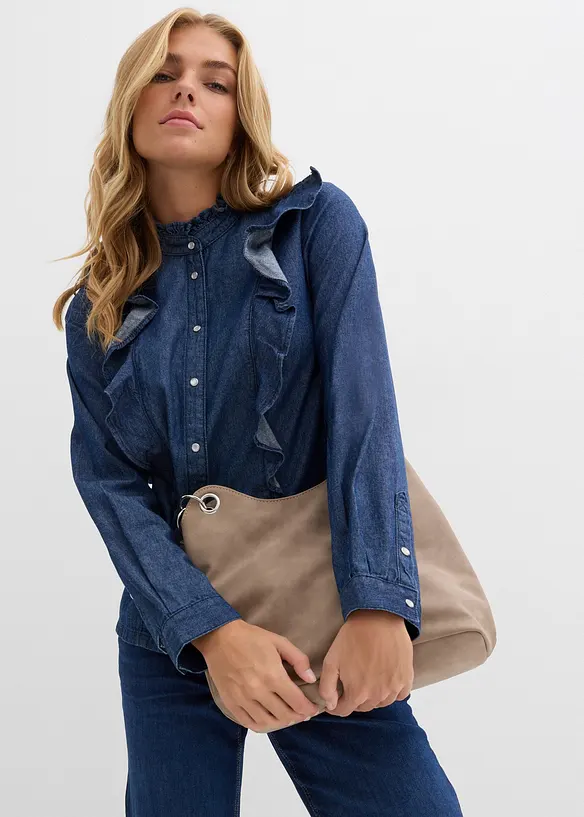 Jeansbluse mit Volants, aus reiner Baumwolle, bonprix