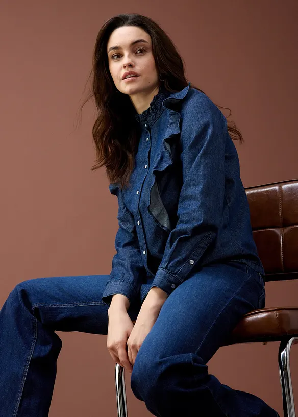 Jeansbluse mit Volants, aus reiner Baumwolle, bonprix