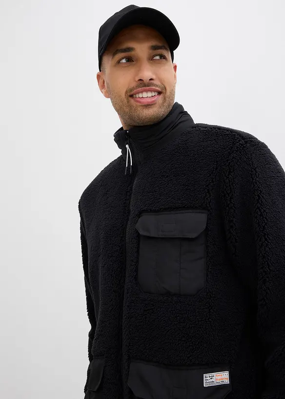 Teddy-Fleece Jacke mit Web-Besatz und Stehkragen, bonprix