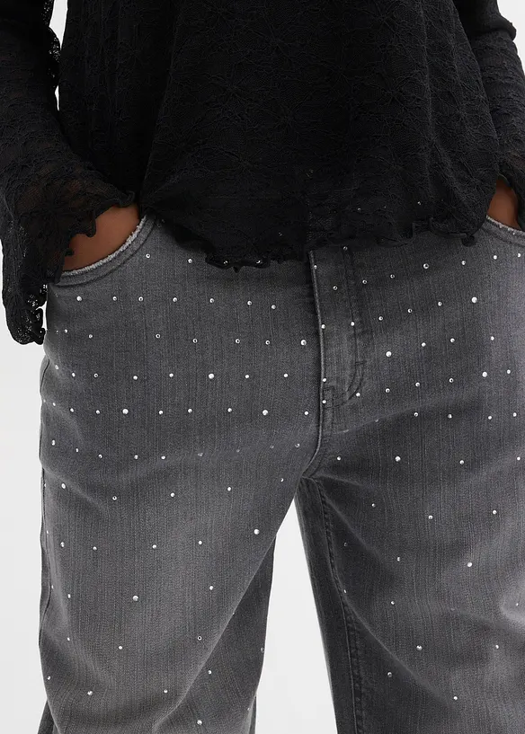 Wide-Leg-Jeans mit Strasssteinen Mid Waist, bonprix