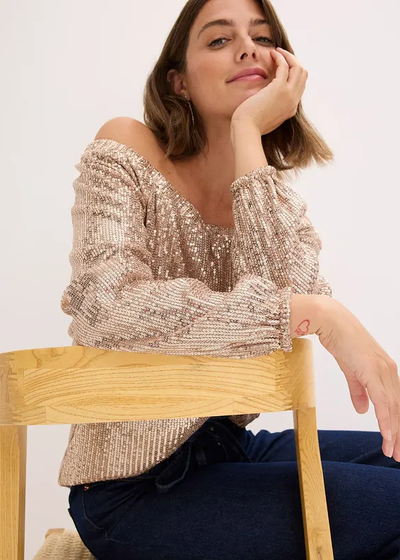 Carmenshirt, Oversized mit Pailletten, bonprix