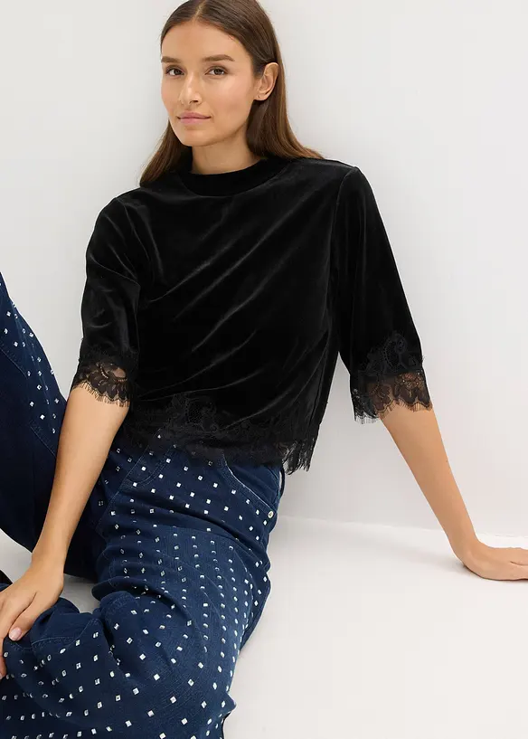 T-shirt en velours et dentelle, bonprix