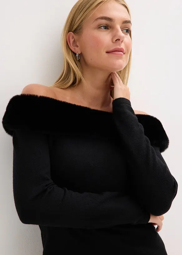 Strickkleid mit Fellimitat-Besatz, bonprix