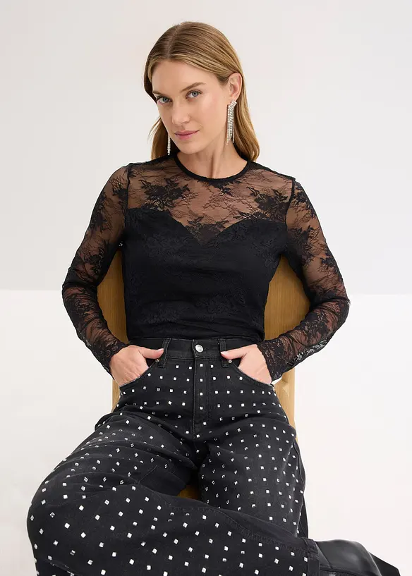 Langarmshirt aus feiner Spitze, bonprix