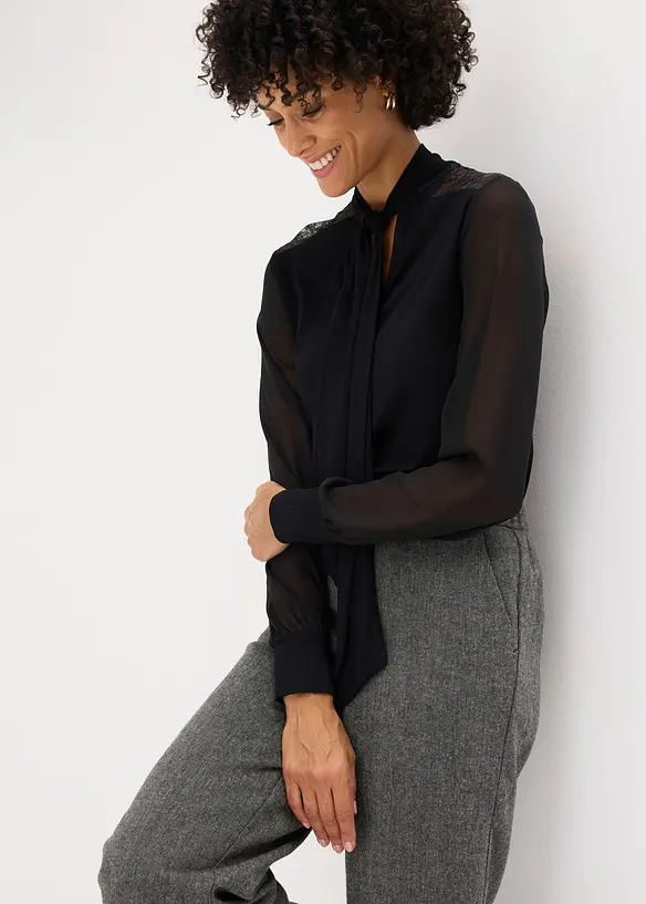 T-shirt manches longues avec dentelle et col lavallière, bonprix