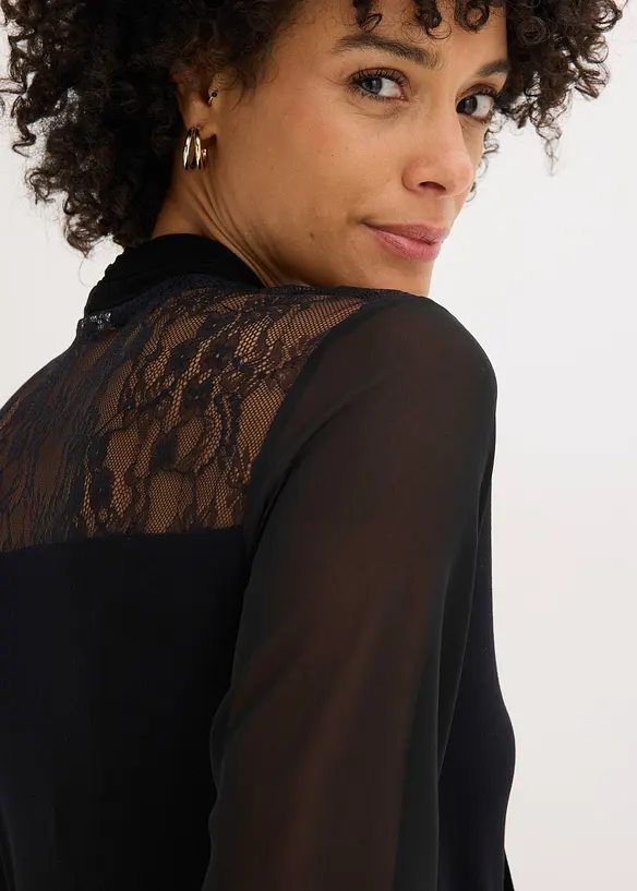 T-shirt manches longues avec dentelle et col lavallière, bonprix