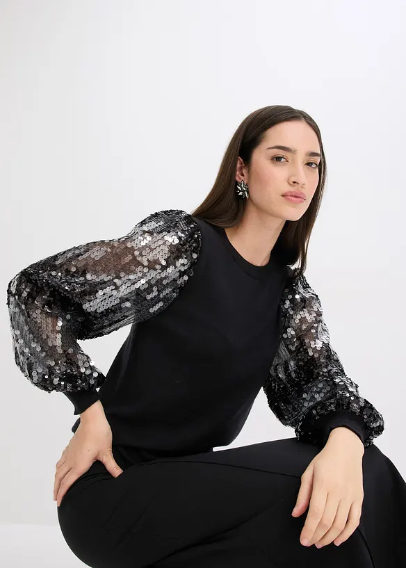 Pull en fine maille avec manches à sequins, bonprix