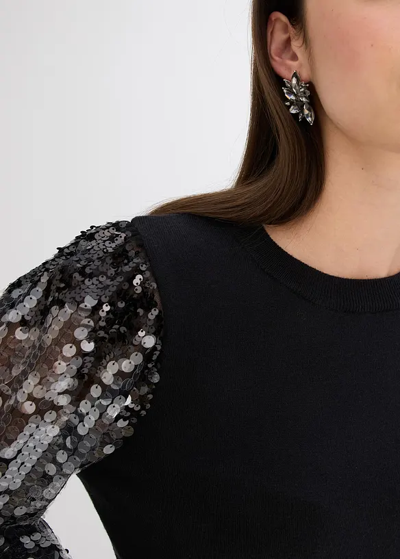 Pull en fine maille avec manches à sequins, bonprix