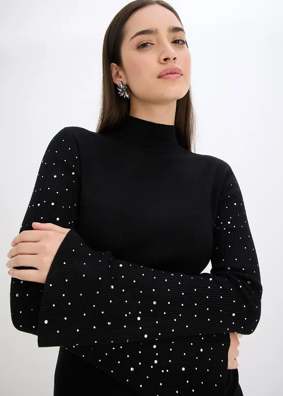 Pull en fine maille à manches trompette décorées de strass, bonprix
