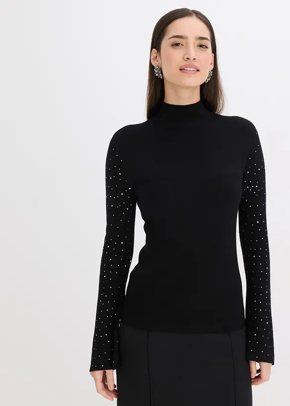 Pull en fine maille à manches trompette décorées de strass, bonprix