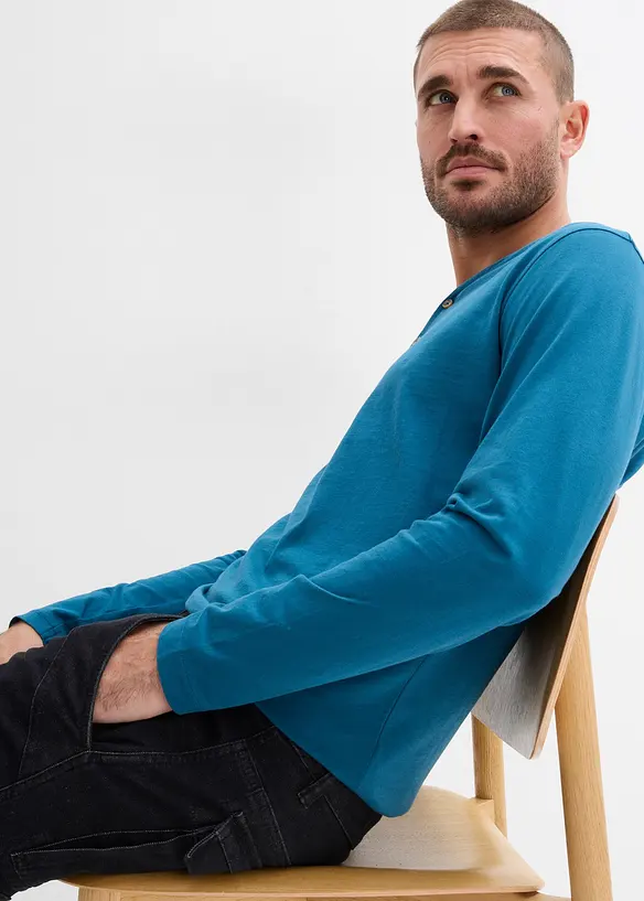 Lot de 2 T-shirts col tunisien manches longues, 100% coton, bonprix