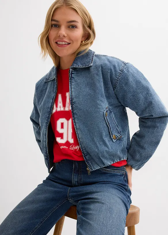 Warm wattierte Jeansjacke, Bubble-Saum, bonprix
