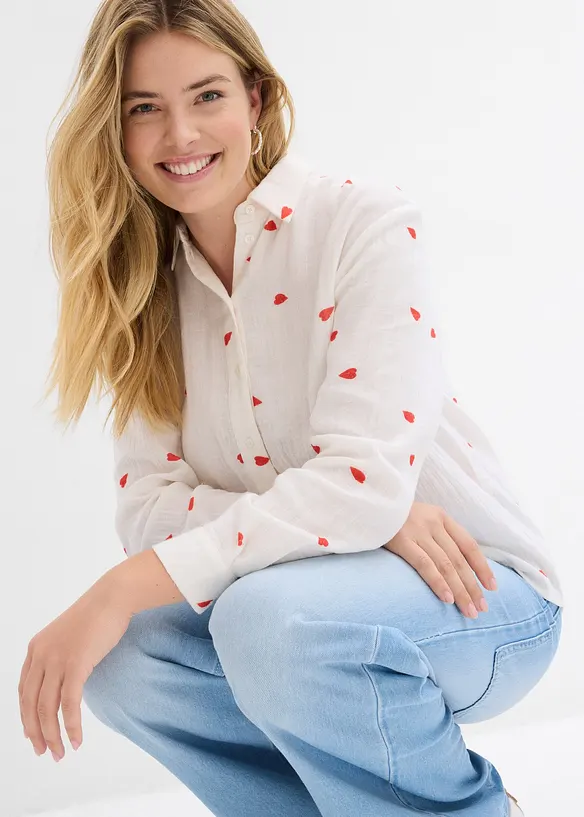 Chemisier en gaze de coton &agrave; motif c&oelig;urs, bonprix