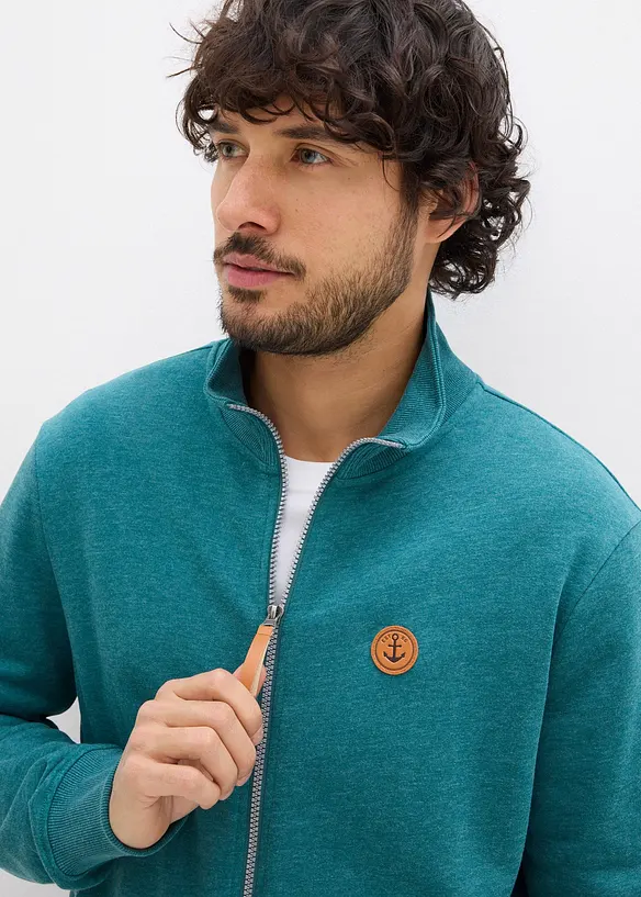 Stehkragen-Sweatjacke mit Lederimitat-Details, bonprix
