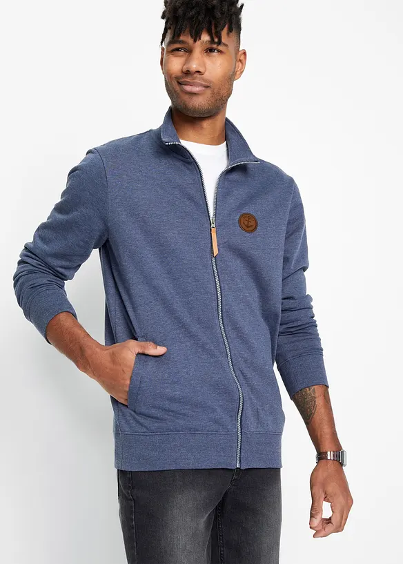 Stehkragen-Sweatjacke mit Lederimitat-Details, bonprix