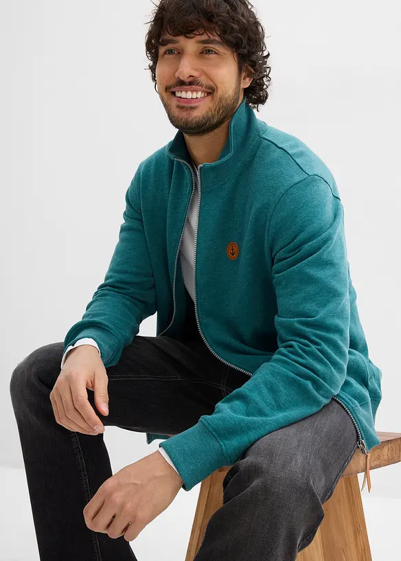 Stehkragen-Sweatjacke mit Lederimitat-Details, bonprix