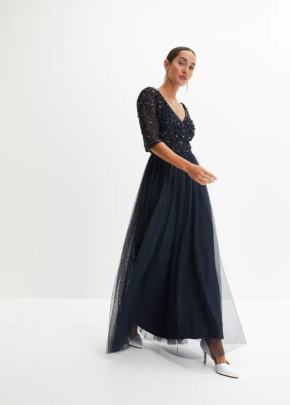 Robe de soir&eacute;e en tulle avec haut brod&eacute; de sequins, bonprix