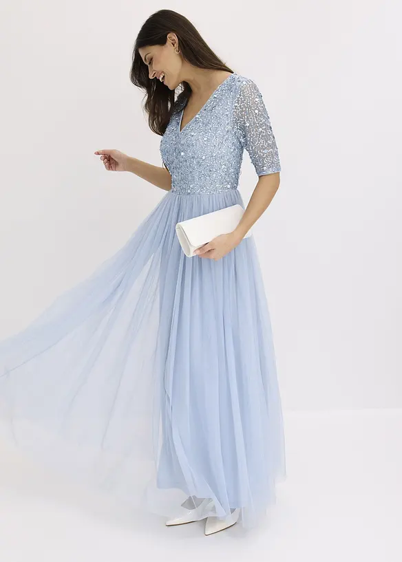 Robe de soir&eacute;e en tulle avec haut brod&eacute; de sequins, bonprix