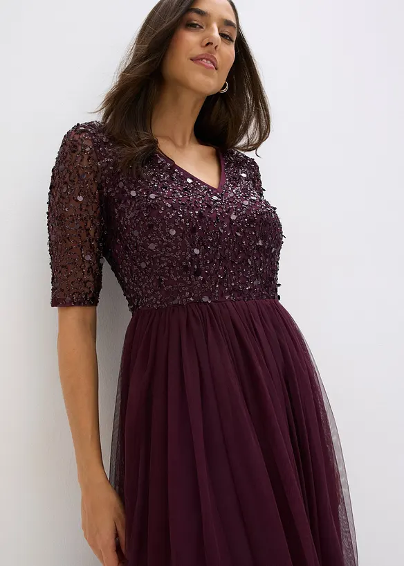 Robe de soir&eacute;e en tulle avec haut brod&eacute; de sequins, bonprix