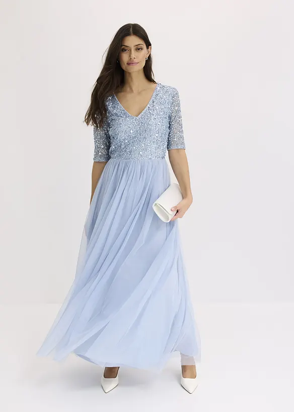 Robe de soir&eacute;e en tulle avec haut brod&eacute; de sequins, bonprix
