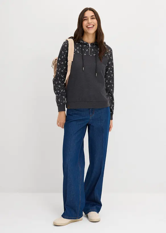 Sweat &agrave; capuche et col zipp&eacute;, 100% coton, bonprix