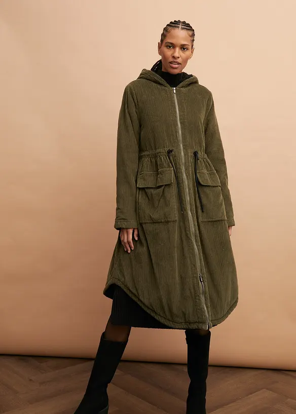 Cord-Mantel mit Teddy-Fleece Kapuze aus reiner Baumwolle, bonprix