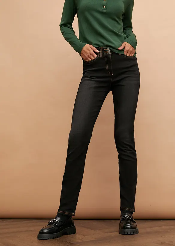 Jean droit taille mi-haute &eacute;lastiqu&eacute;e, doublure chaude, bonprix