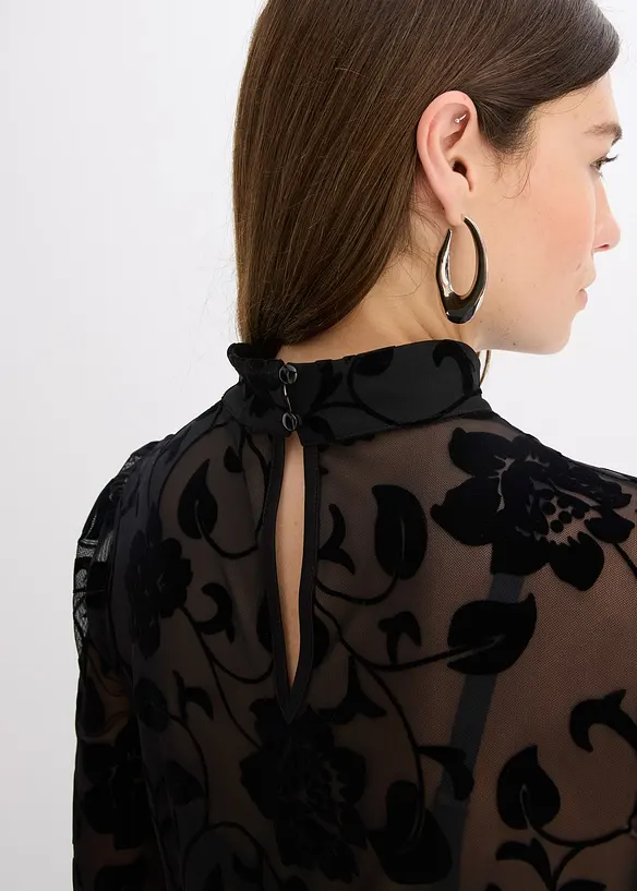 T-shirt manches longues l&eacute;g&egrave;rement transparent avec imprim&eacute; floqu&eacute;, bonprix