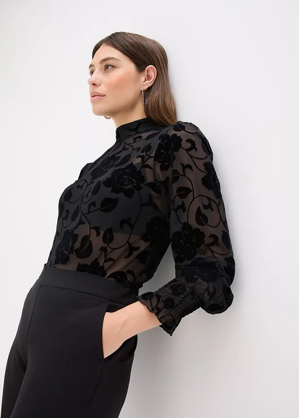 T-shirt manches longues l&eacute;g&egrave;rement transparent avec imprim&eacute; floqu&eacute;, bonprix