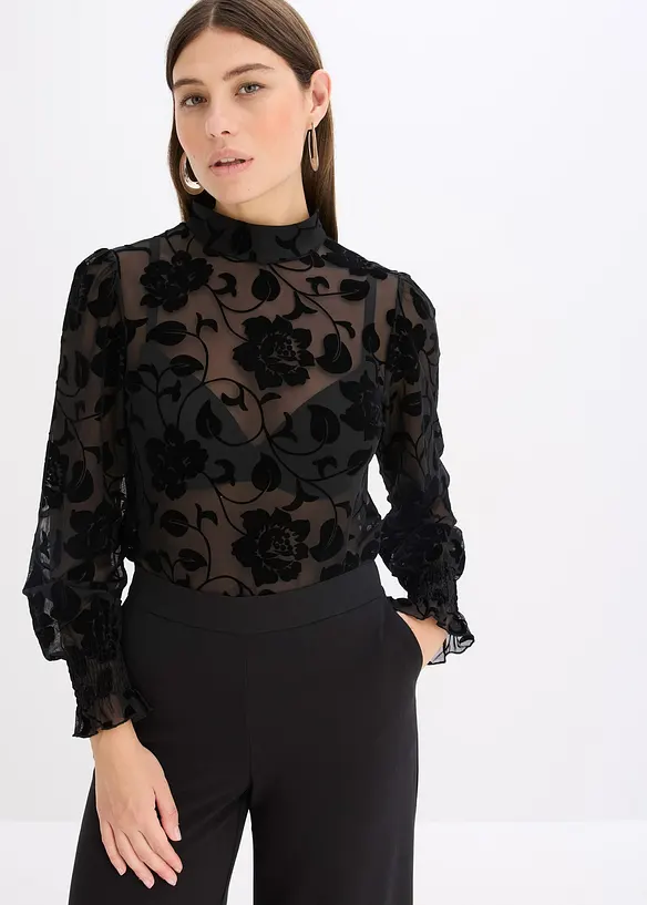 T-shirt manches longues l&eacute;g&egrave;rement transparent avec imprim&eacute; floqu&eacute;, bonprix