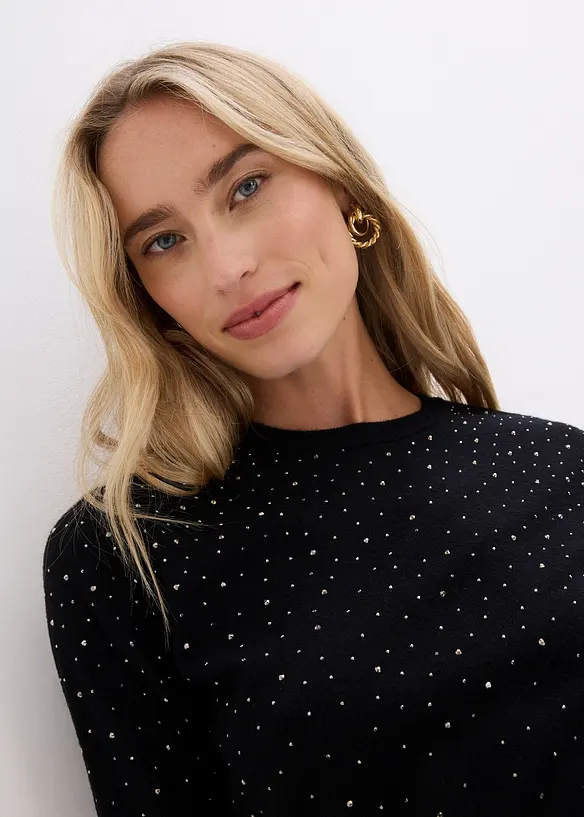 Halbarm Feinstrickpullover mit Glitzersteinchen, bonprix