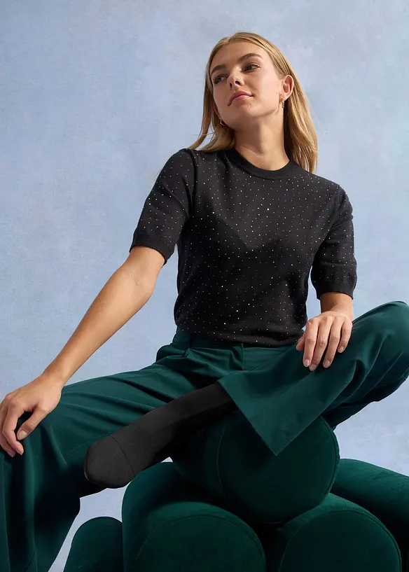 Halbarm Feinstrickpullover mit Glitzersteinchen, bonprix