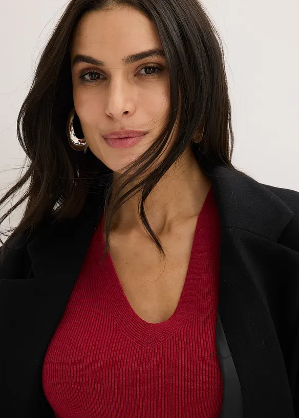 Kurzarm- Rippenpullover mit Viskose, bonprix