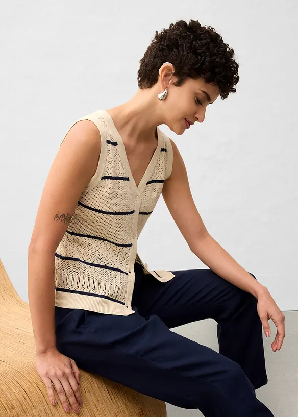 Ajour-Strickweste mit Leinenanteil, bonprix