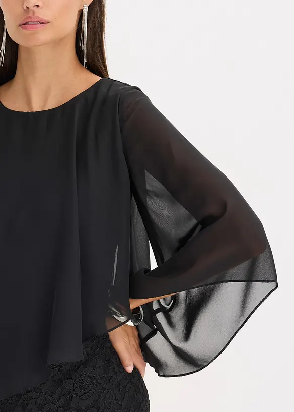 Robe courte en dentelle avec drap&eacute; en mousseline, bonprix