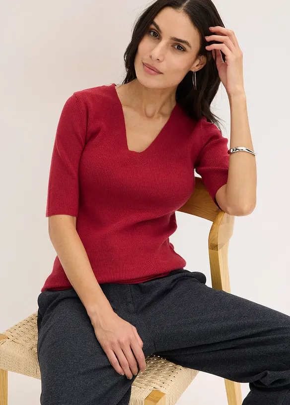 Kurzarm- Rippenpullover mit Viskose, bonprix
