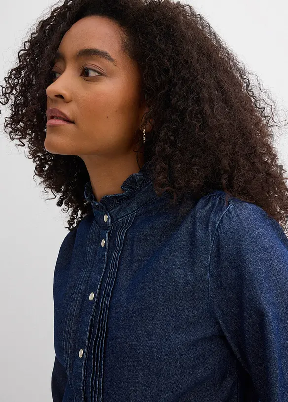 Blouse en jean &agrave; finitions volant&eacute;es, bonprix