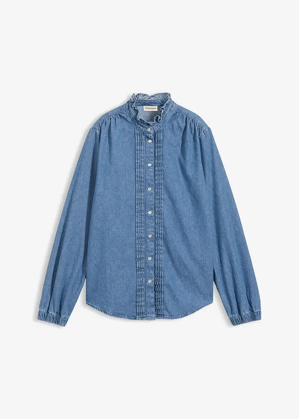 Blouse en jean &agrave; finitions volant&eacute;es, bonprix