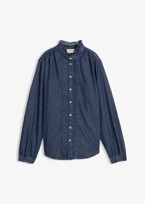 Blouse en jean &agrave; finitions volant&eacute;es, bonprix