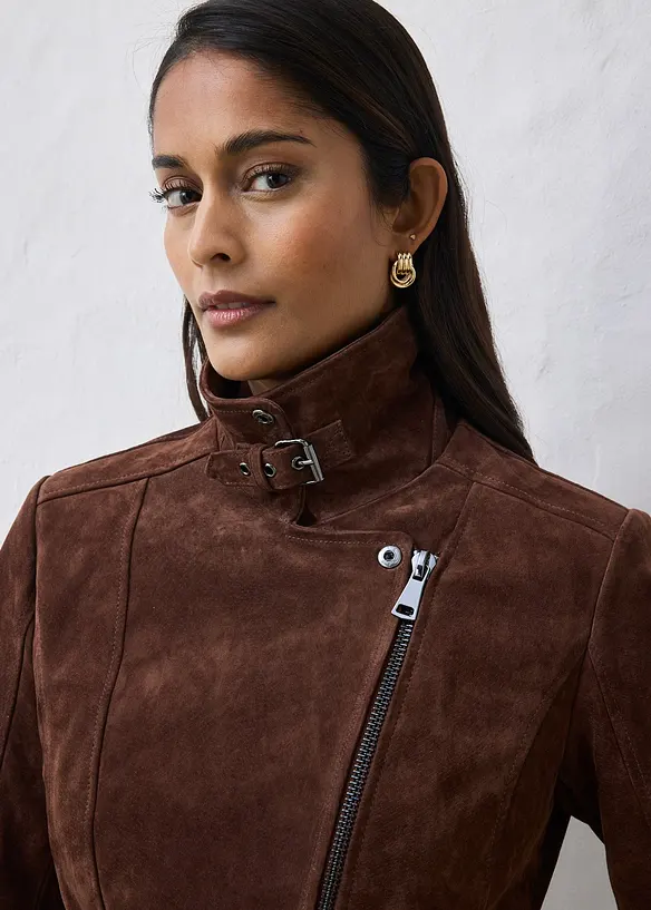 Veste biker en cuir velours, bonprix