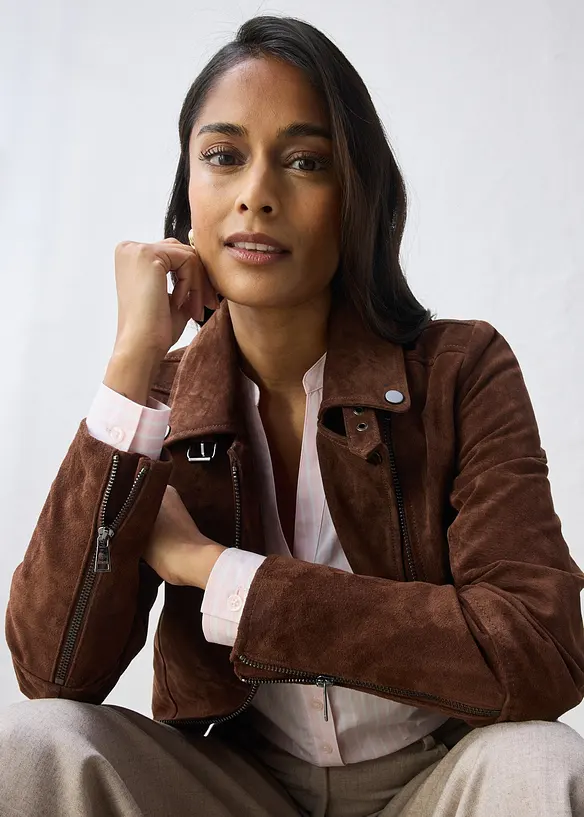 Veste biker en cuir velours, bonprix