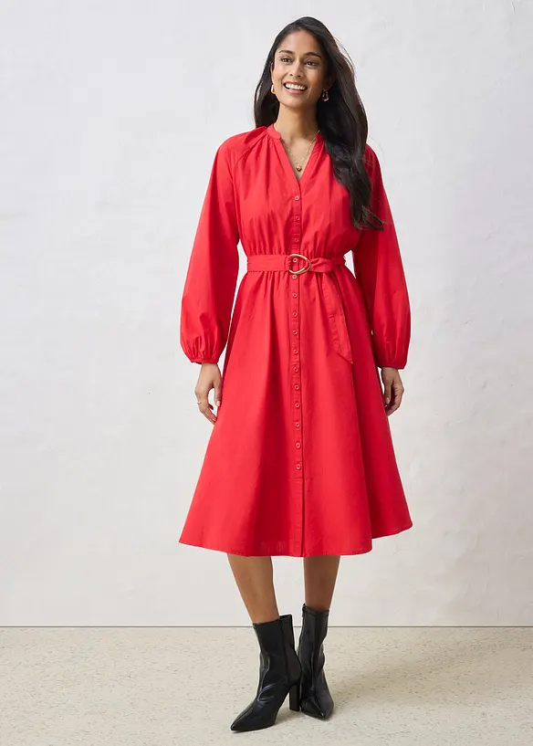 Hemdblusenkleid aus Seiden-Anteil und G&uuml;rtel, bonprix