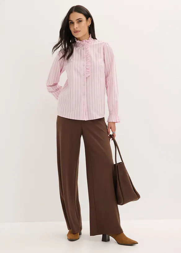 Blouse en popeline &agrave; col volant&eacute;, bonprix