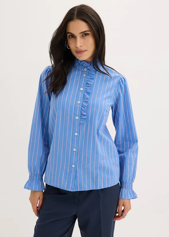 Blouse en popeline &agrave; col volant&eacute;, bonprix