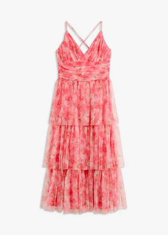 Robe midi en tulle fin &agrave; volants, bonprix