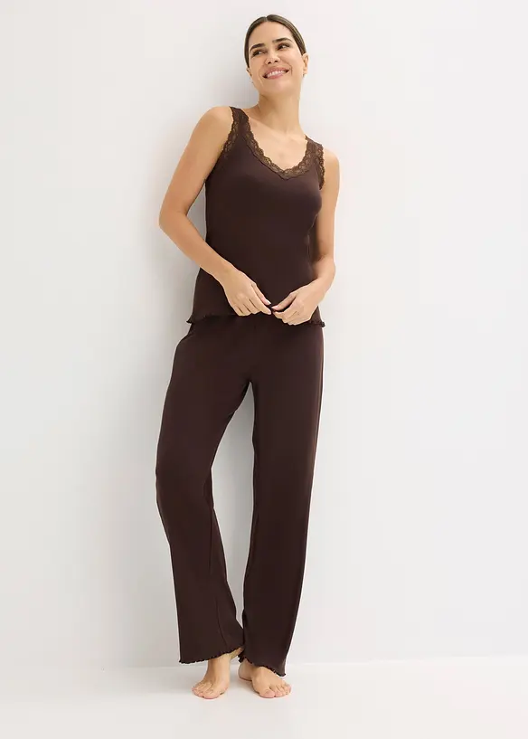 Pjyama aus Rippe mit Spitzentop, bonprix
