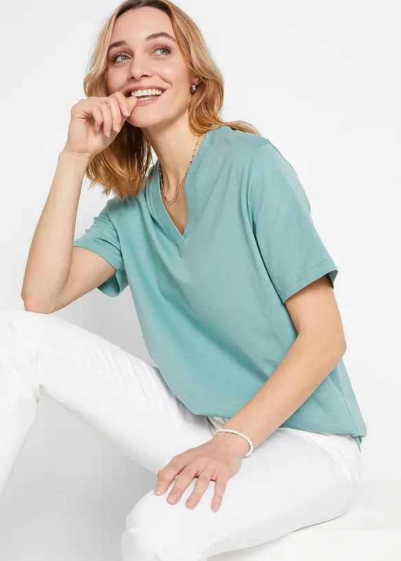 Weites Long-Shirt mit V-Ausschnitt, Kurzarm (5er Pack), bonprix