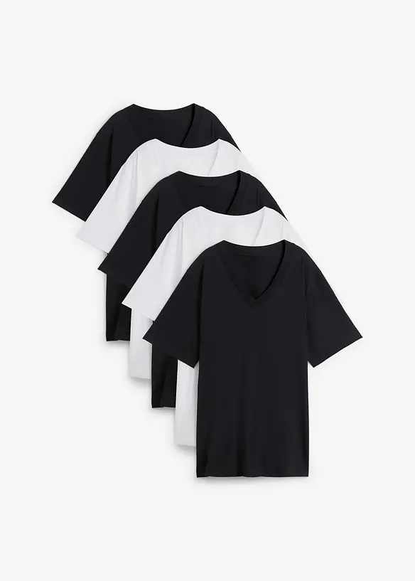 Lot de 5 T-shirts longs et amples &agrave; col V, bonprix